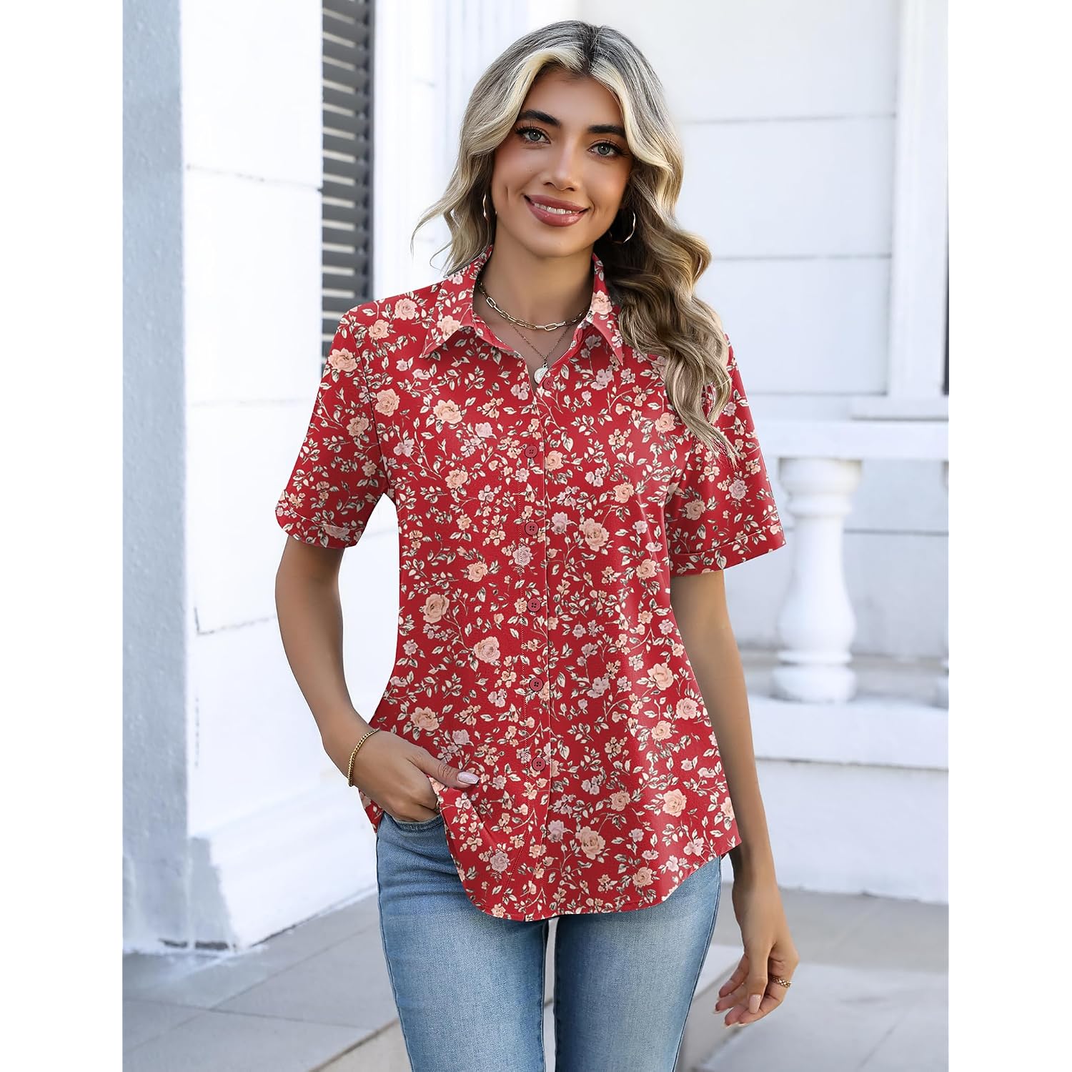 Zeagoo Button Down Shirts For Women Short Sleeve Collared Tops Dressy Casual V Neck Blouses