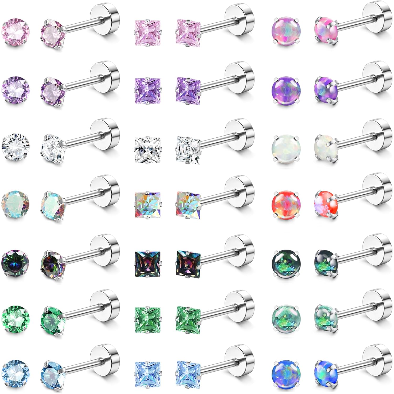 21Pairs Hypoallergenic Flat Back Stud Earrings for Women - Surgical Stainless Steel Earrings for Sensitive Ears 20G Small Flatback Stud Screw Back Cartilage Earring Stacks Sets for Multiple Piercing