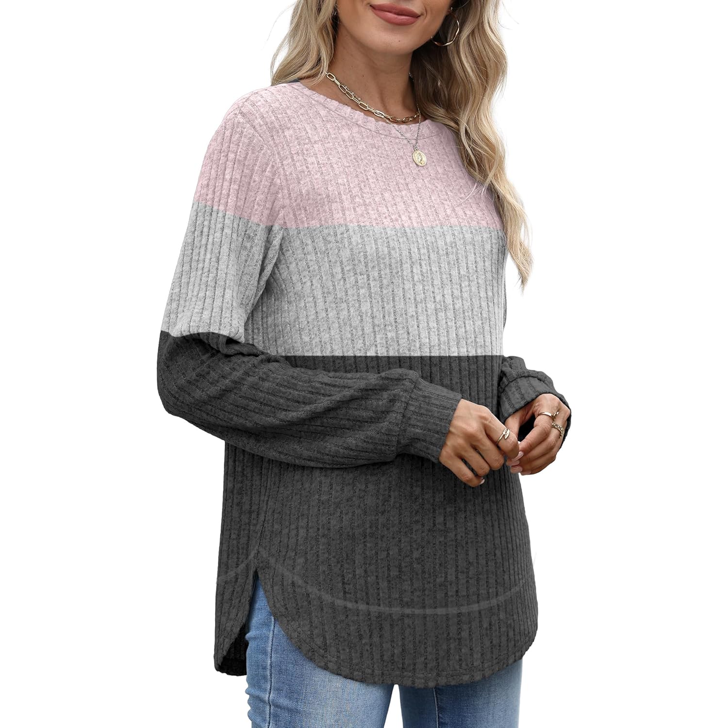 Tunic Tops for Women Loose Fit Dressy Long Sleeve Shirts Womens Sweaters Crew Neck Fall Clothing with Curved Hem