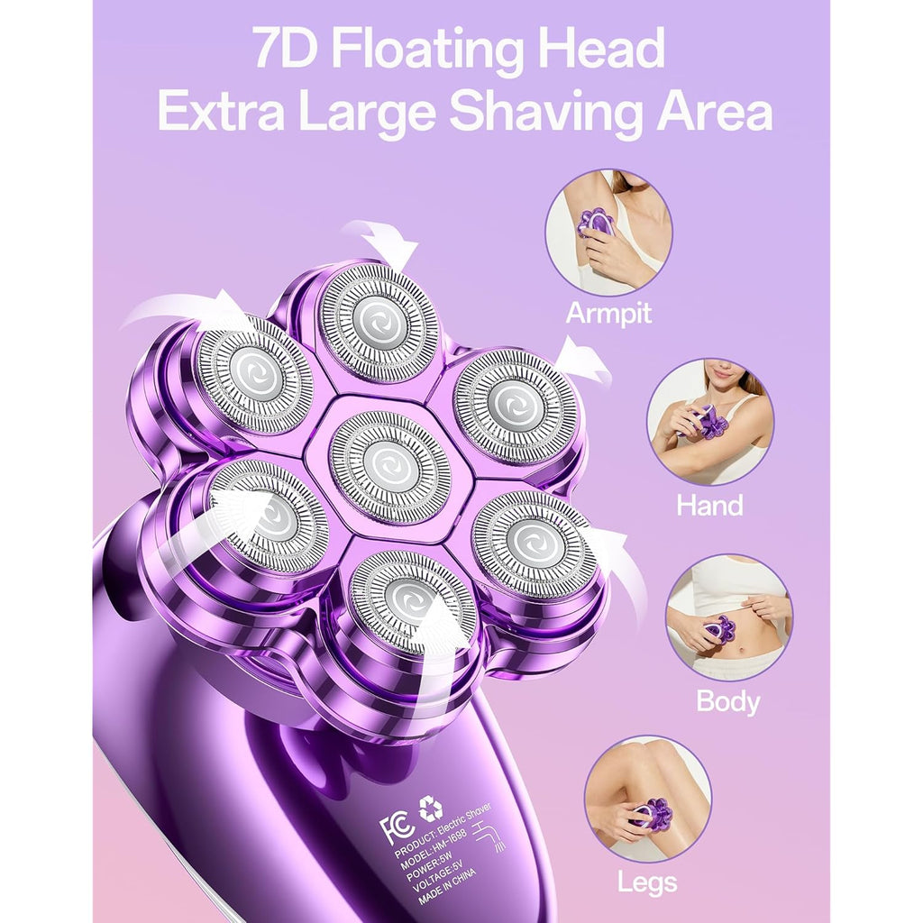 5-in-1 Electric Razors for Women, 7D Magnetic Heads Full Body Shaver, Waterproof Wet Dry Hair Remover with LED Display, Rechargeable Bikini Trimmer for Underarms, Face, Legs, Lips, Arms (Purple)