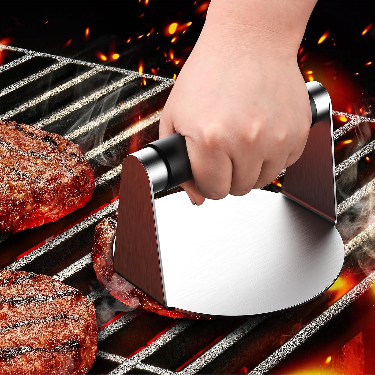 Smash Burger Press, Hamburger Smasher Tool For Griddle, Stainless Steel Ham Patty Press With Anti-Scald Handle, 5.5" Non Stick Grill Press For Smashburger, Bacon, Ground Beef, Meat, Sausage