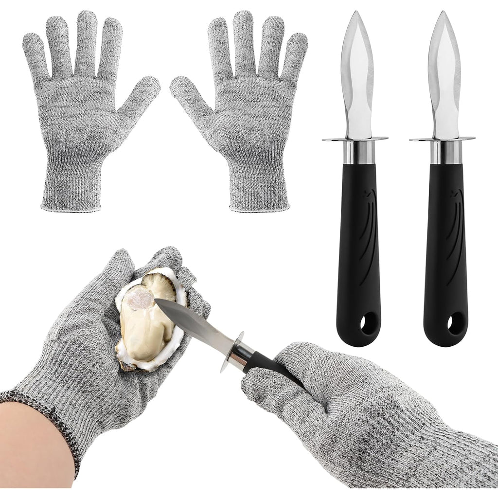 Oyster Shucker Set, 2-Piece Professional Oysters Shucking Knives And Cut Resistant Gloves For Oysters, Clams & Shellfish Opener Kit For Home Kitchen, Oyster Bar & Seafood Party