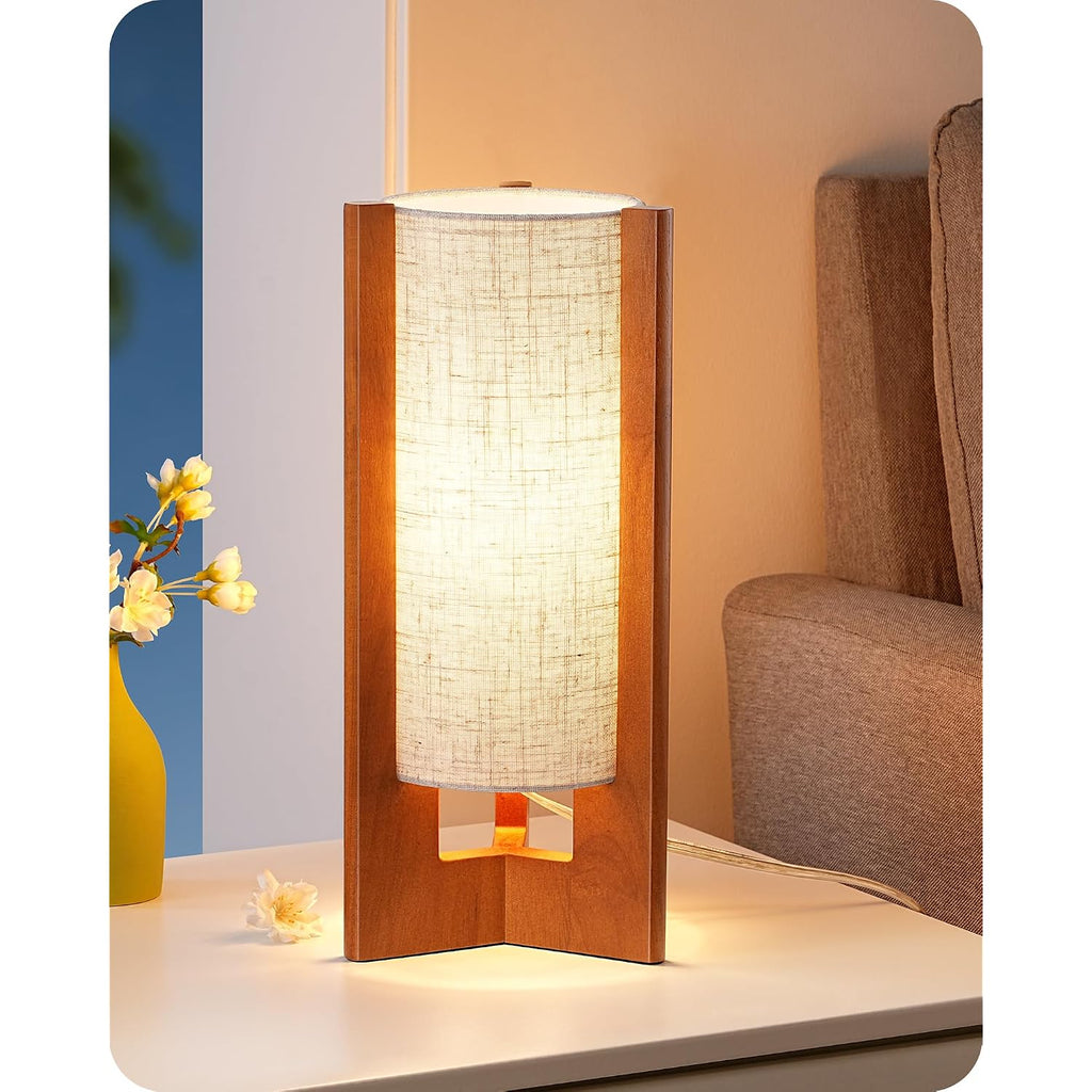 Edishine 13.5" Small Table Lamp, Walnut Wood Cylinder Nightstand Lamp For Bedroom, Beige Linen Shade, Corner Modern Bedside Lamp For Living Room, On-Off Line Switch, E26 Base (Bulb Not Included)
