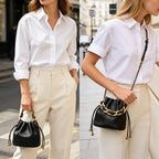 Doris&Jacky Small Top Handle Bucket Bag, Designer Lambskin Drawstring Crossbody Purse With Chunky Chain Tote Strap