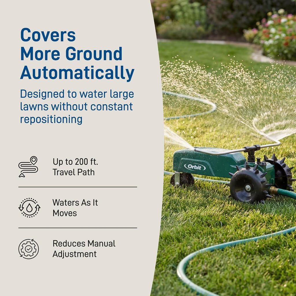 Orbit Traveling Tractor Water Sprinkler - Self-Propelled Traveling Sprinkler For Wide Lawn Coverage - Cast-Iron Body With Adjustable Coverage - Three-Speed - Automatic Shut Off - 58322