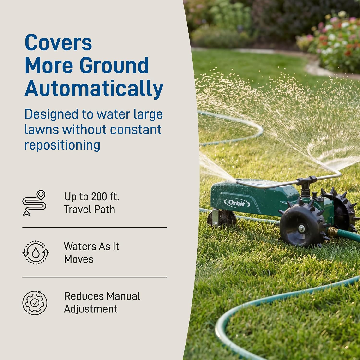 Orbit Traveling Tractor Water Sprinkler - Self-Propelled Traveling Sprinkler For Wide Lawn Coverage - Cast-Iron Body With Adjustable Coverage - Three-Speed - Automatic Shut Off - 58322