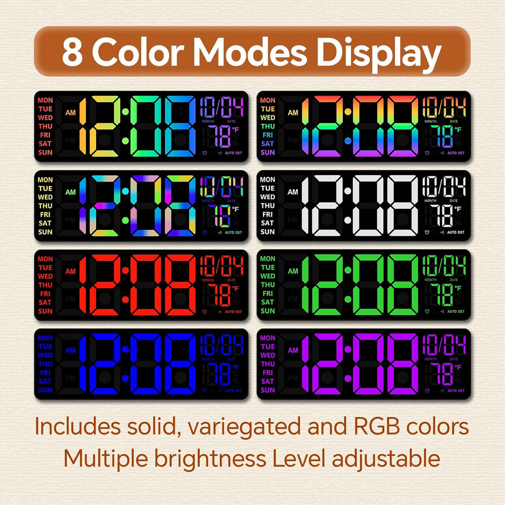 Yisile 16 Inch Rgb Led Digital Wall Clock - 8 Color Display, 6 Night Light Modes, Bluetooth Auto Time Sync, Sound Wake-Up, Dual Alarm, Auto Dst, Remote Dimmer For Bedroom, Living Room & Gaming Room