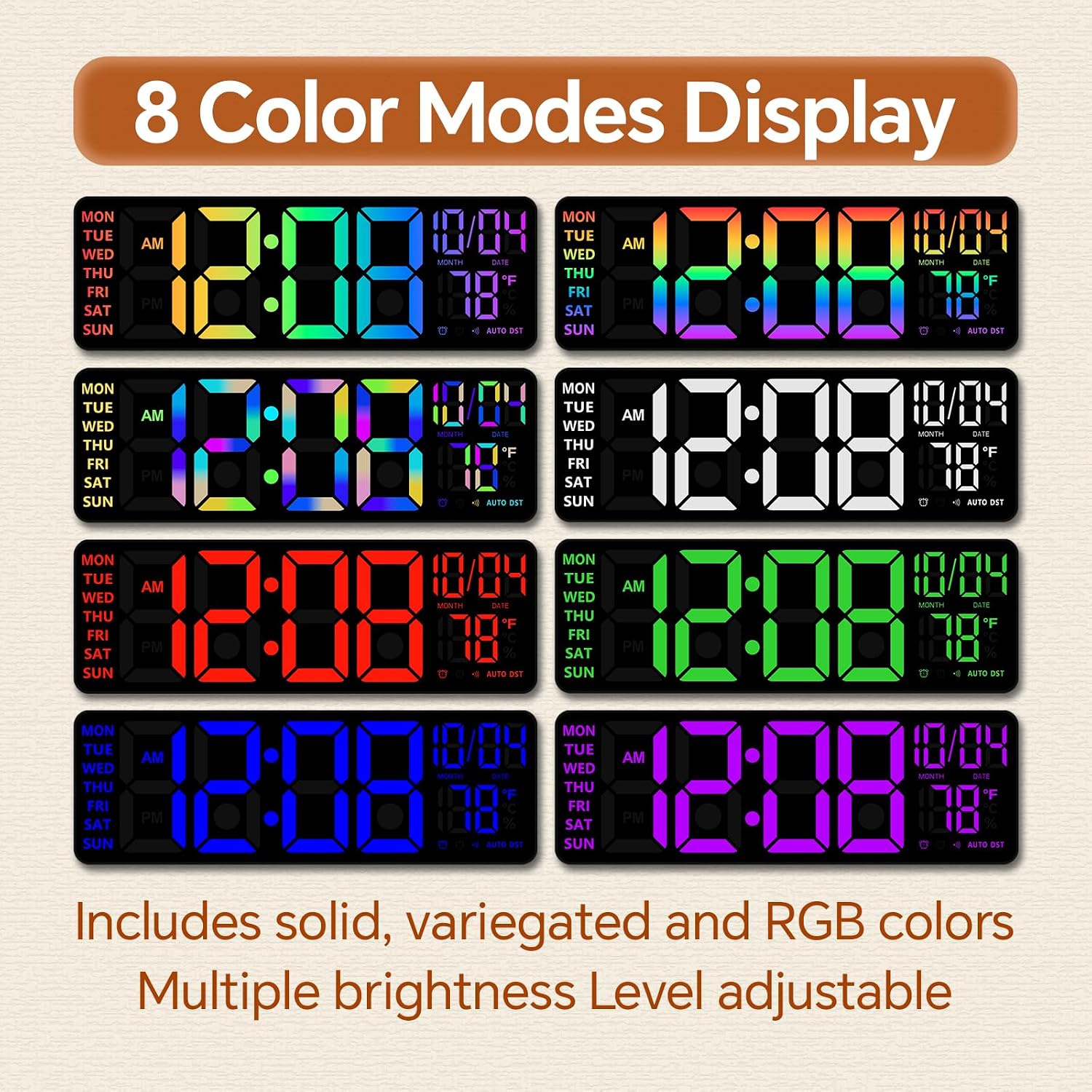 Yisile 16 Inch Rgb Led Digital Wall Clock - 8 Color Display, 6 Night Light Modes, Bluetooth Auto Time Sync, Sound Wake-Up, Dual Alarm, Auto Dst, Remote Dimmer For Bedroom, Living Room & Gaming Room