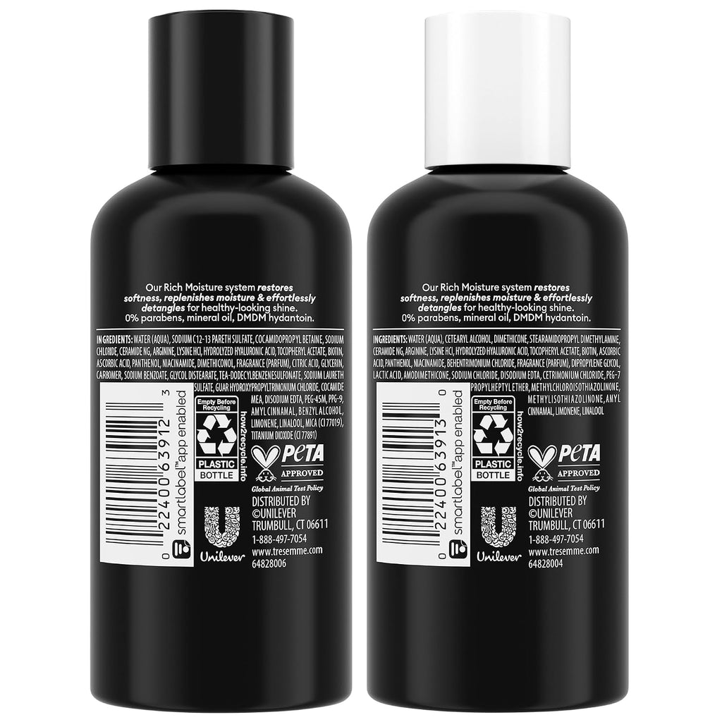 Tresemmé Travel Essentials, Rich Moisture Shampoo And Conditioner Set, Hydrating Hair Detangler With Hyaluronic Acid, 3 Oz Ea