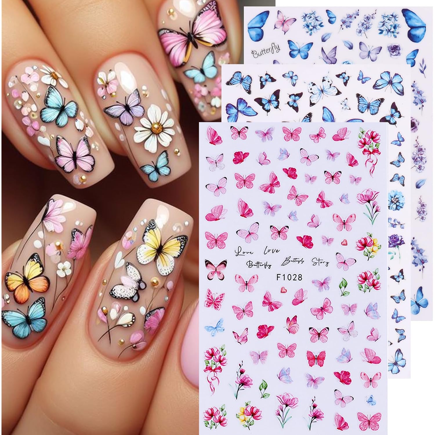 Butterfly Nail Art Sticker Decals 14 PCS Spring Flower Nail Decals with Tweezers 3D Self Adhesive Stickers Colorful Butterflies Designs Nail Art Decoration Manicure Supplies for Women