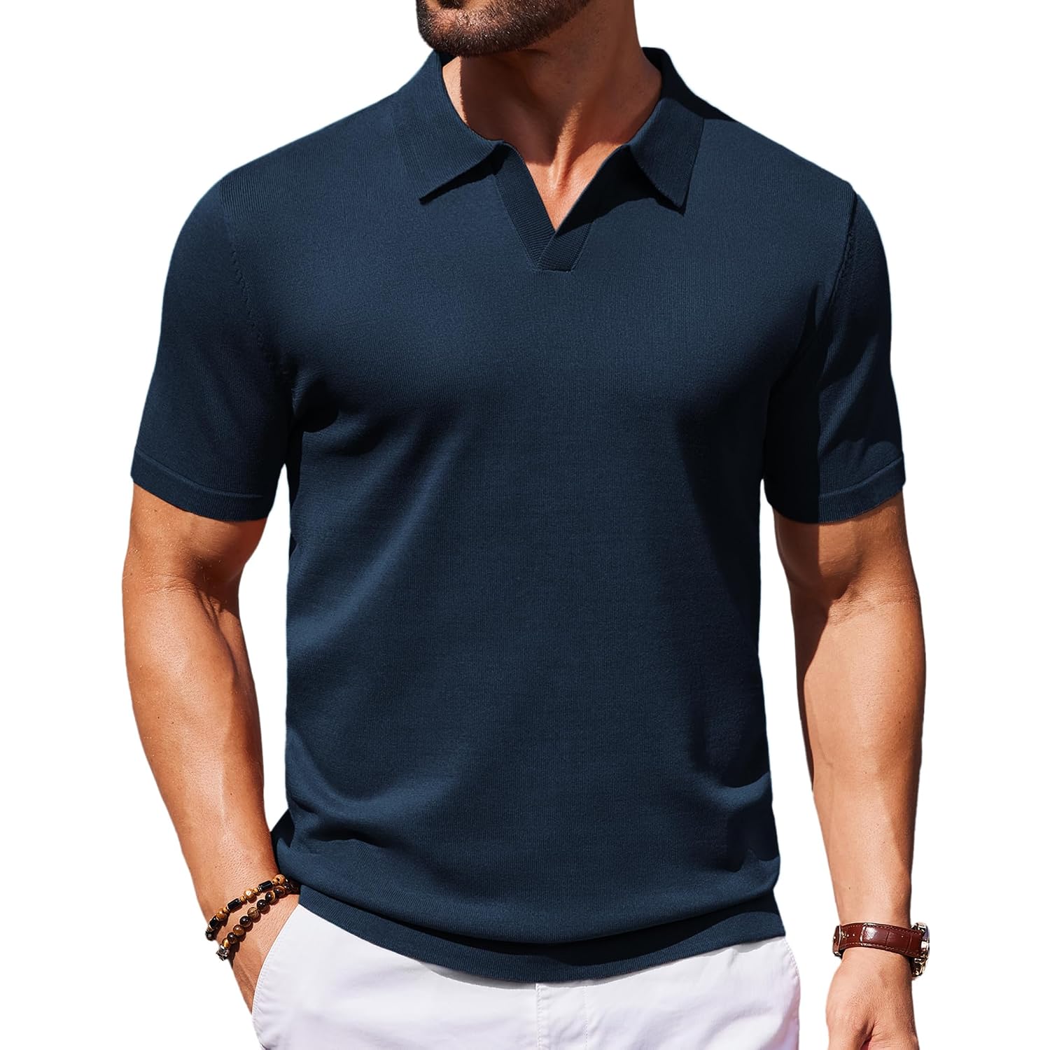 Coofandy Men'S V Neck Short Sleeve Stretch Knit Polo Shirt
