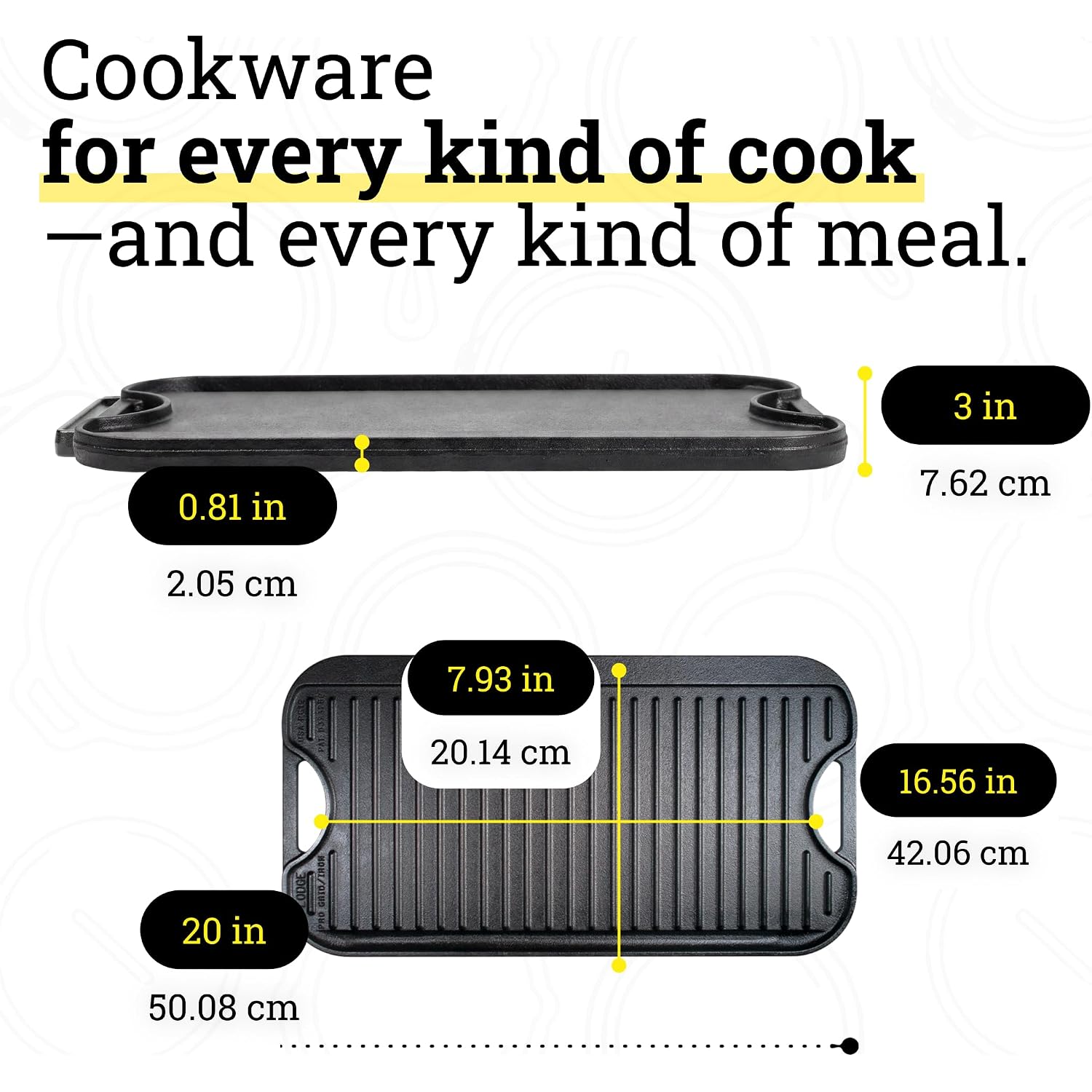 Lodge Pro-Grid Reversible Grill/Griddle - 20 Inches X 10.5 Inches - Dual-Sided Cast Iron Griddle - Double Burner Grill - Even Heat Distribution - Pfas-Free Non-Toxic Cookware