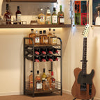 3-Tier Wine Rack Freestanding Floor Cabinet Corner Bar Cabinet Bar Cart,12 Individual Wine Storage Bottle Compartments Corner Bar Cabinet Holder,Wood + Black Frame Liquor Cabinet
