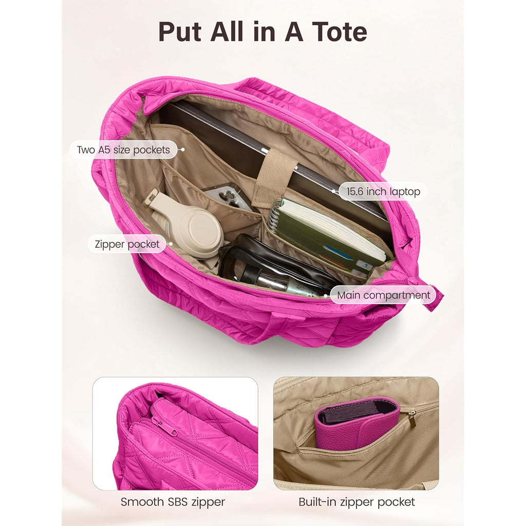 Tote Bag For Women, Lightweight Puffer Tote Work Bags With Compartments For Travel, Quilted Shoulder Bag With Zipper