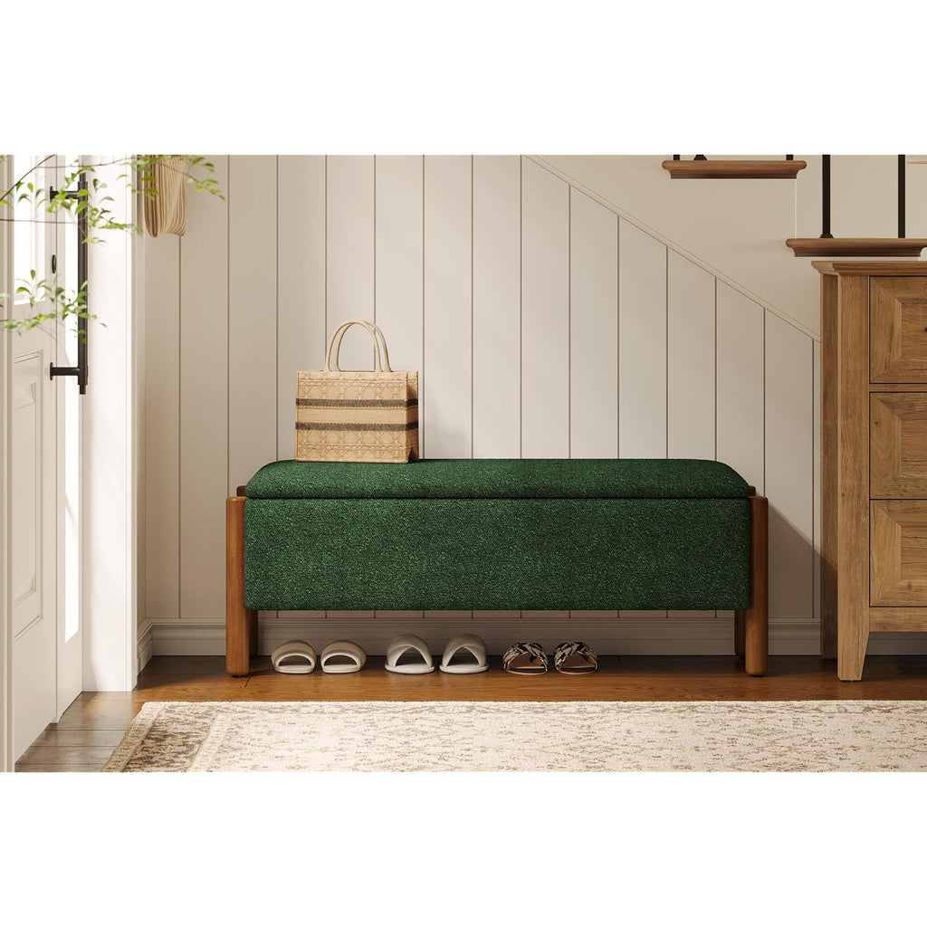 Modern Storage Benches With Walnut Wood Legs, 47'' Ottoman Bench With 20 Gallons Storage Space For Bedroom End Of Bed, Fabric Upholstered Entryway Bench With Seating For Livingroom, Green