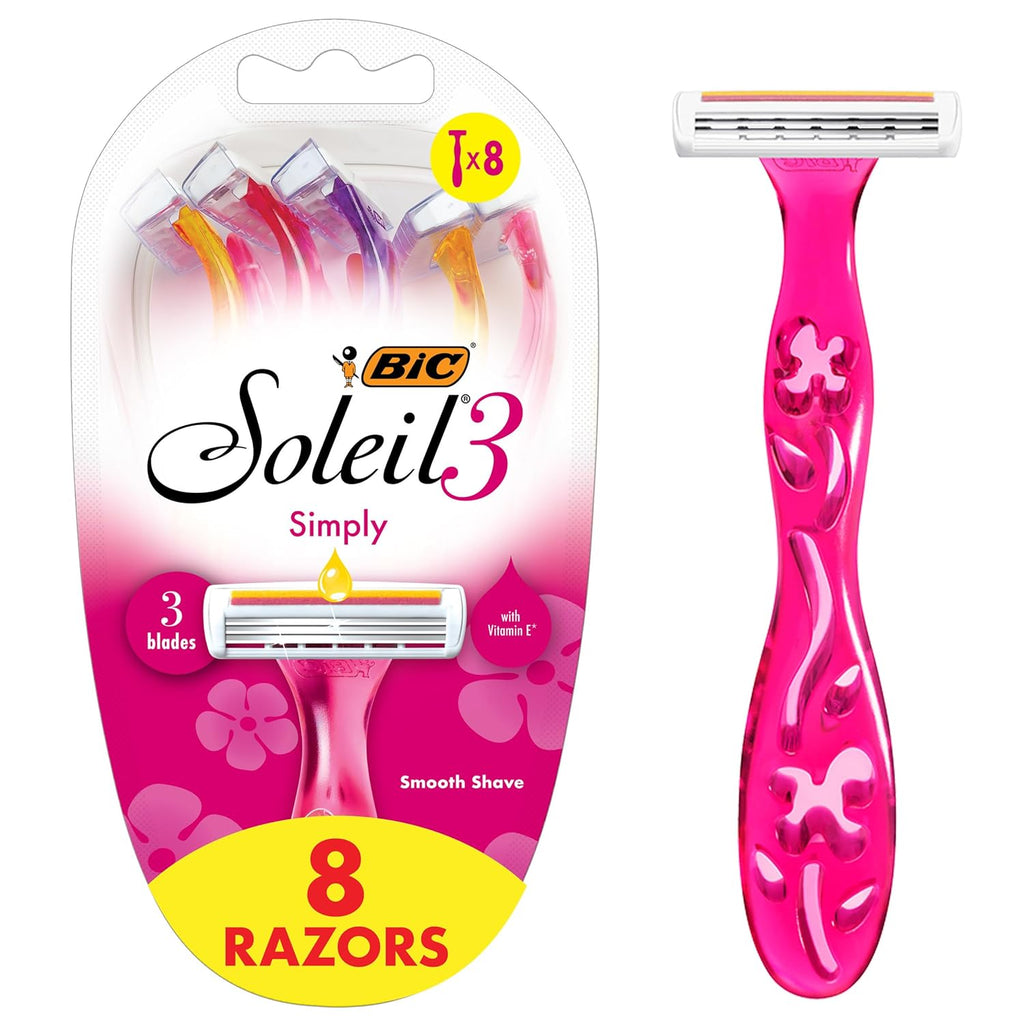 BIC Soleil 3 Simply Womem's Disposable 3-Blade Razors, Moisture Strip and Comfortable Handle, 8-Pack