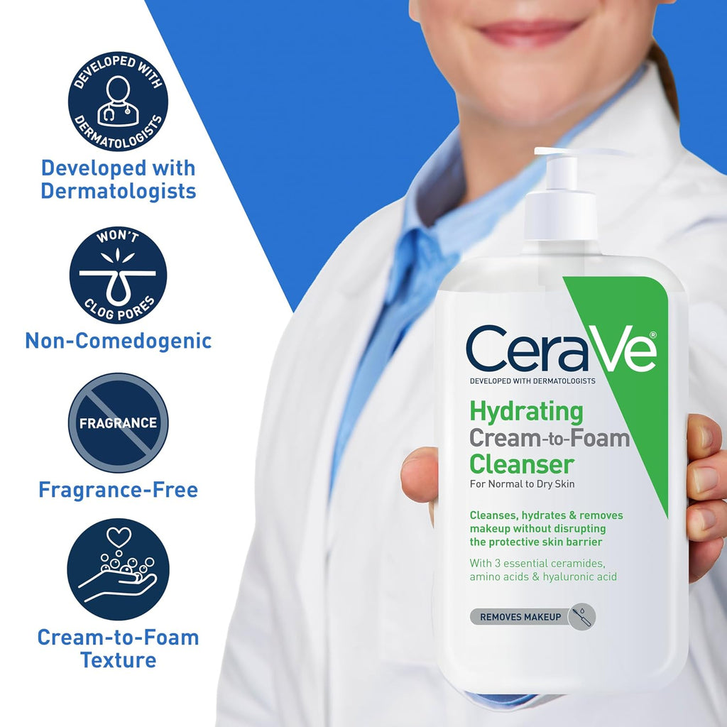 Cerave Hydrating Cream To Foam Cleanser, Makeup Remover Face Wash For Dry Skin, Foaming Facial Cleanser With Hyaluronic Acid, Normal To Dry Skin, Fragrance Free & Non Comedogenic, 19 Fluid Ounce