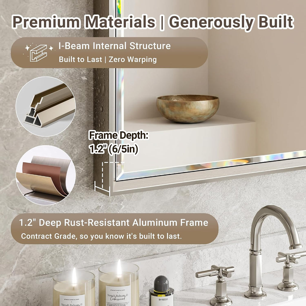 Brushed Nickel Bathroom Mirror, 24X32 Inch Beveled Framed Bathroom Mirror Anti-Rust, Brushed Nickel Metal Frame Bathroom Vanity Mirror For Wall, Vertical/Horizontal Wall-Mounted Mirrors