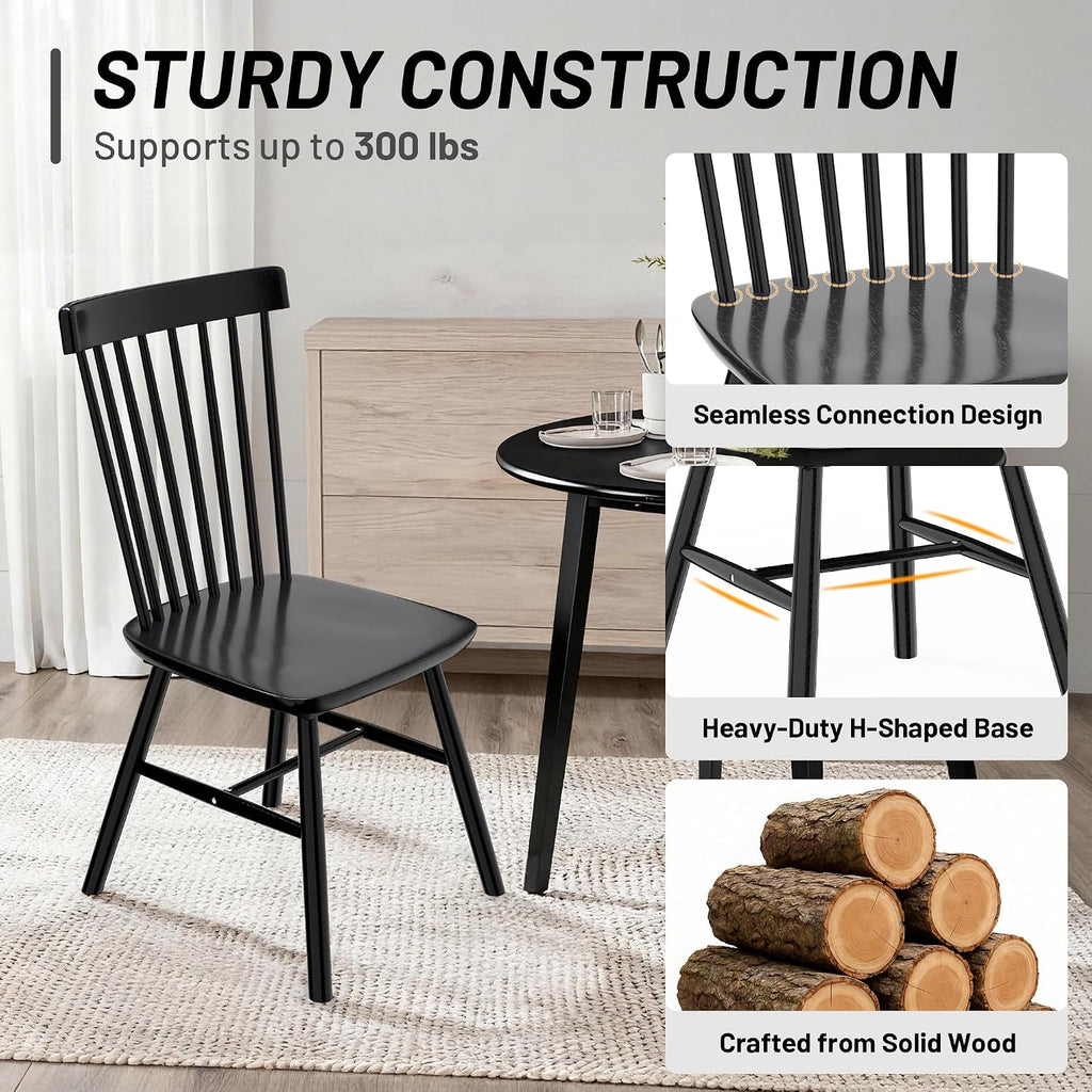 Windsor Dining Chairs, Farmhouse Wooden Dining Room Chairs, Solid Wood Kitchen Chairs With Spindle Back Set Of 4, Black