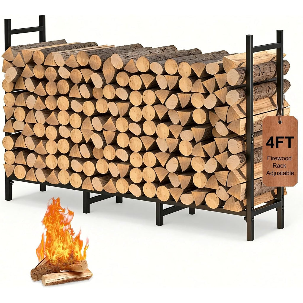 4Ft Firewood Rack Holder For Fireplace, Adjustable Log Stand For Storage | Indoor/Outdoor, 8 Legs, Black, Heavy Duty Log Stand, For Patio, Weather-Resistant Tubular Stee, Easy Assembly