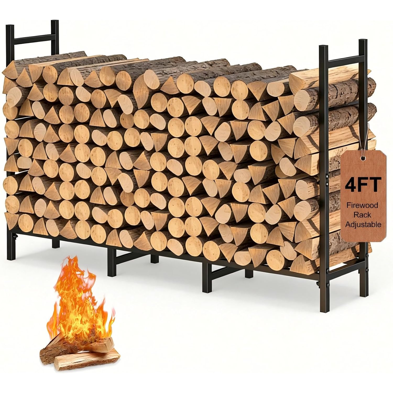 4Ft Firewood Rack Holder For Fireplace, Adjustable Log Stand For Storage | Indoor/Outdoor, 8 Legs, Black, Heavy Duty Log Stand, For Patio, Weather-Resistant Tubular Stee, Easy Assembly