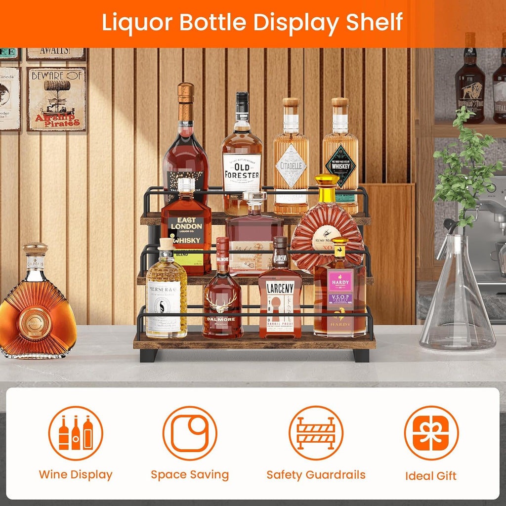 Liquor Bottle Display Shelf, Coffee Syrup Rack Organizer, 3 Tier Wine Rack Countertop, Home Retro Bar Shelf Stand Holder For Liquor Whiskey Spirits, Mini Bar, Liquor Cabinet, Rustic Brown