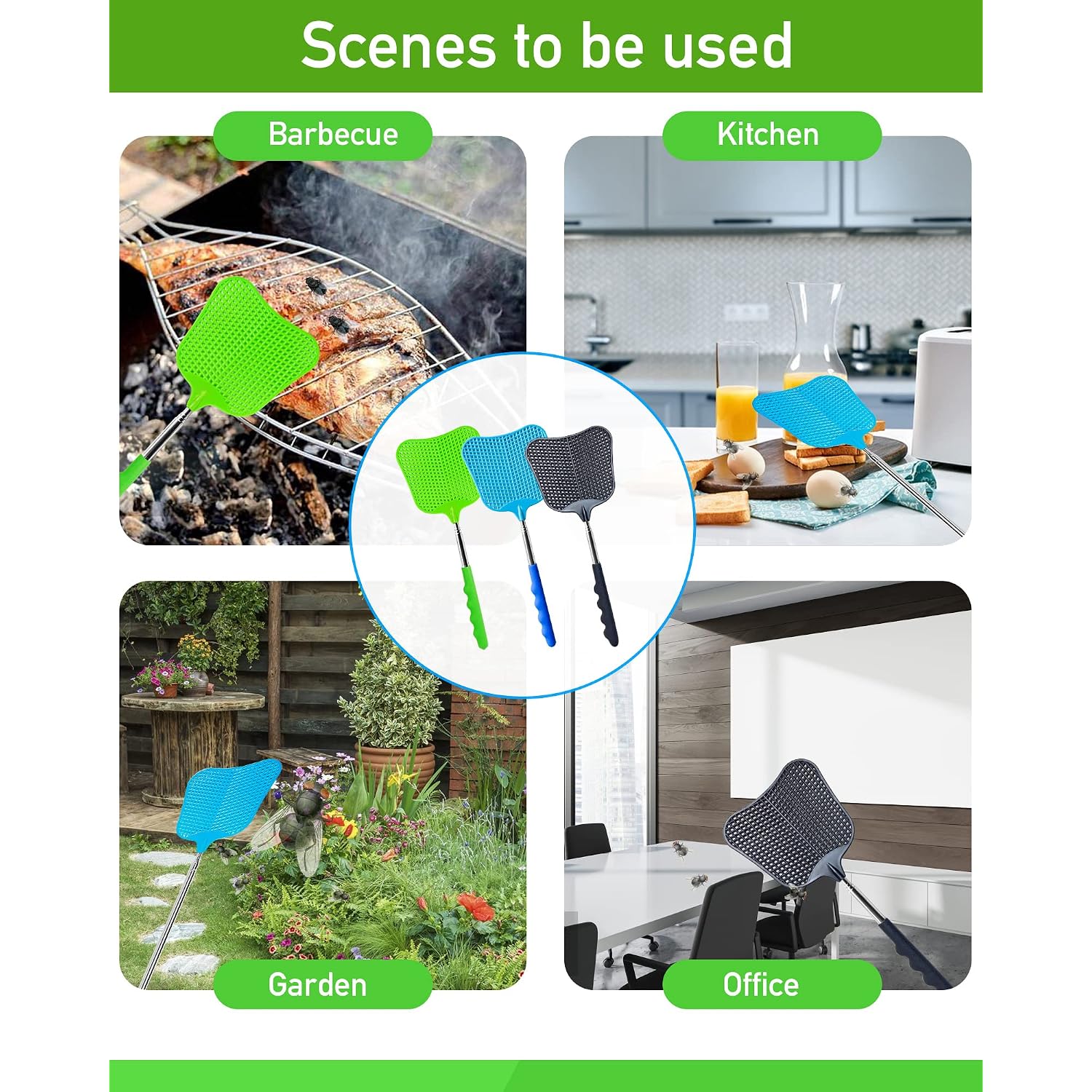 Wapodeai 3 Pcs Fly Swatter, Fly Swatters Plastic Telescopic, Large Bug Swatter That Work For Indoor And Outdoor. (Black Blue Green)