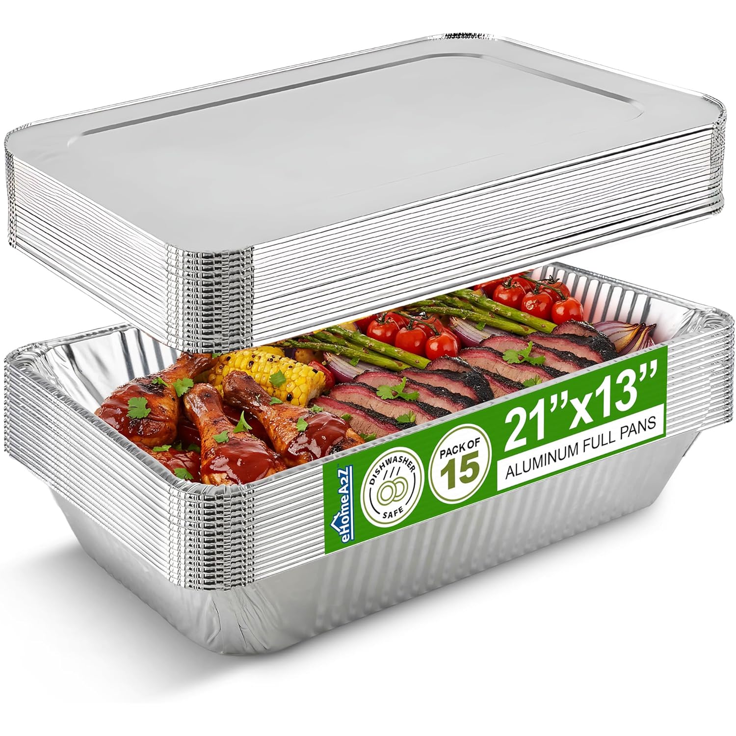 Aluminum Pans With Lids, Large Full Size 21x13x3 Disposable Foil Pans, Heavy Duty Roasting, Baking, Broiling, Catering & Chafing Pans (15, Full-Size w/Lids)