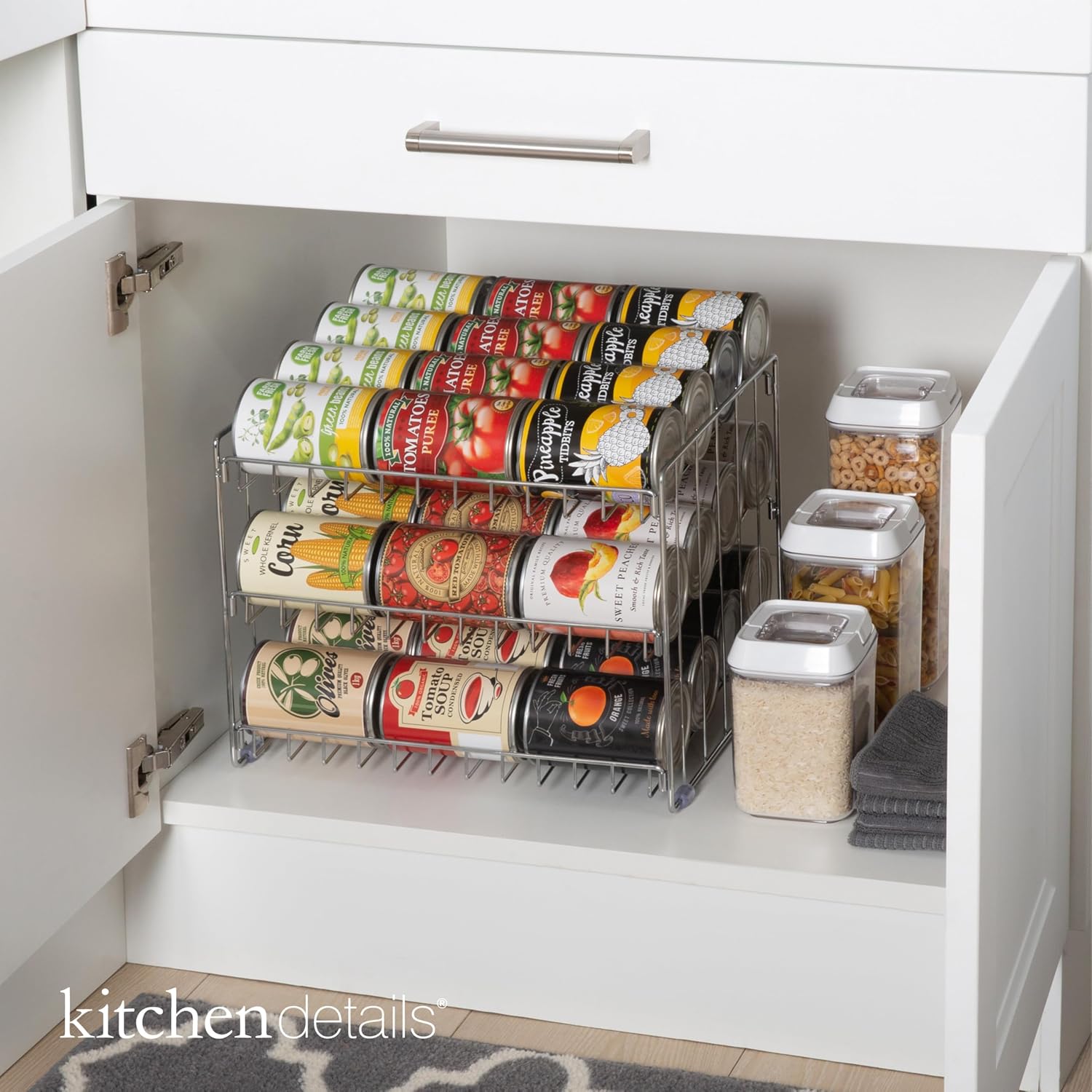Kitchen Details 3 Tier Can Organizer | Chrome Steel Canned Food Storage Rack | Holds 36 Cans | Space-Saving Pantry & Cabinet Storage Solution | Easy Access To Canned Goods | Freestanding Design