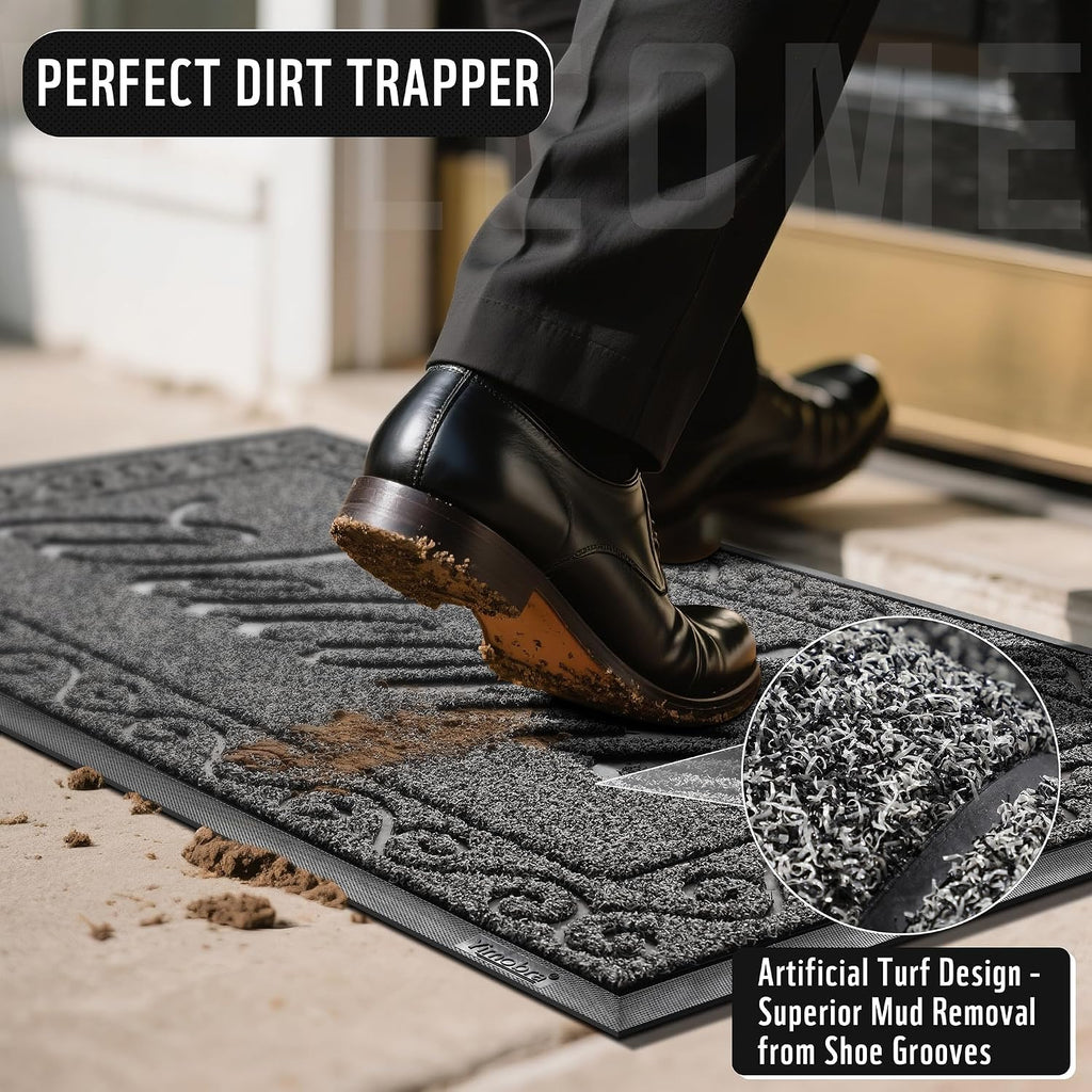 Yimobra Welcome Mat, Heavy Duty Sturdy Door Mats For Home Entrance Outdoor Indoor, Front Doormat For Outside Patio Floor Entry Porch Garage Office, Waterproof, Low Profile, 29.5X17, Black Grey