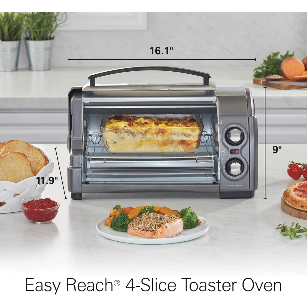 Hamilton Beach Easy Reach 4-Slice Countertop Toaster Oven With Roll-Top Door, 1200 Watts, Fits 9” Pizza, 3 Cooking Functions for Bake, Broil and Toast, Silver (31344DA)