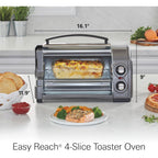 Hamilton Beach Easy Reach 4-Slice Countertop Toaster Oven With Roll-Top Door, 1200 Watts, Fits 9” Pizza, 3 Cooking Functions for Bake, Broil and Toast, Silver (31344DA)