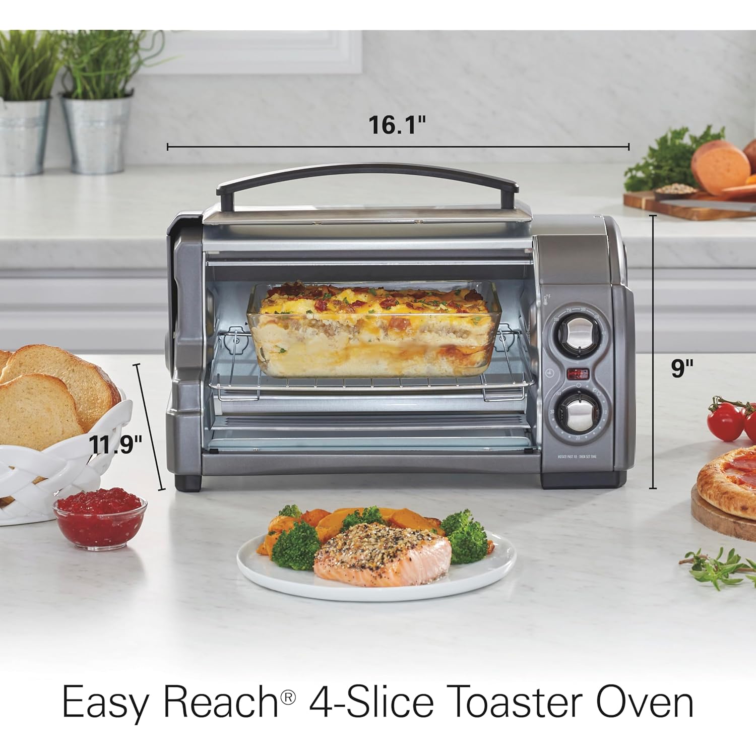 Hamilton Beach Easy Reach 4-Slice Countertop Toaster Oven With Roll-Top Door, 1200 Watts, Fits 9” Pizza, 3 Cooking Functions for Bake, Broil and Toast, Silver (31344DA)