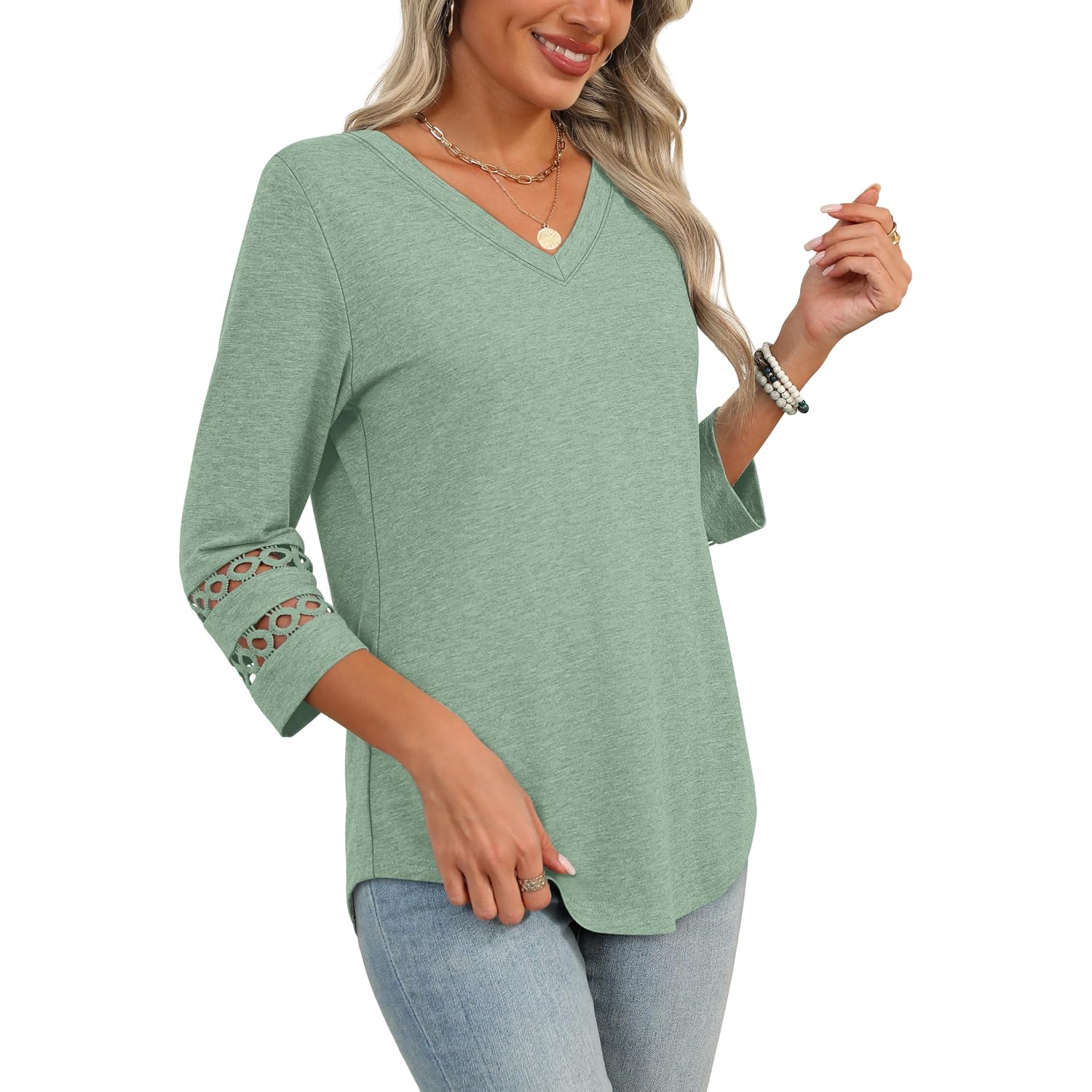 Xieerduo 3/4 Length Sleeve Womens Tops Dressy Casual Blouses For Women 2026 Trendy V Neck T Shirts Summer Clothes