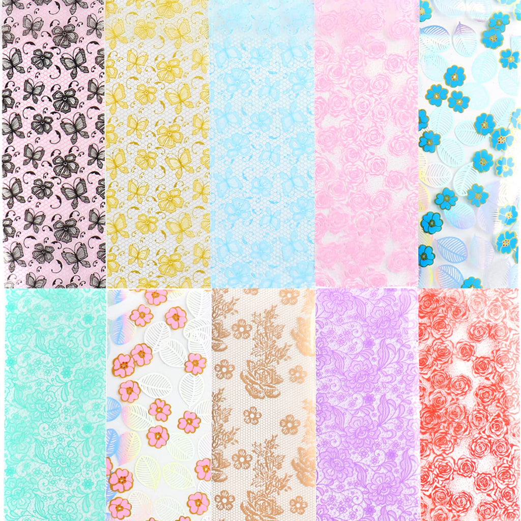 Lace Flower Nail Foil Transfer Stickers Nail Art Supplies, 10 Flowers Patterns Nail Foils Designs Western Floral Nail Art Decals for Acrylic Nails Polish Supplies DIY Fingernail Charms Decorations