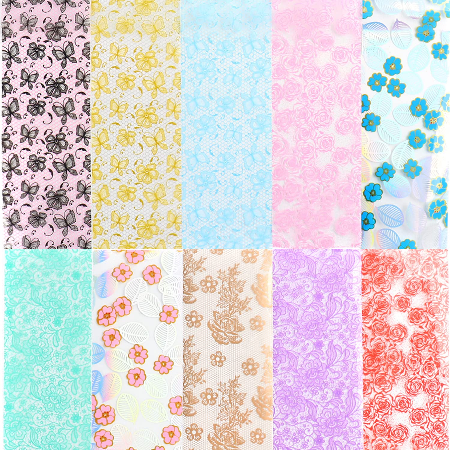 Lace Flower Nail Foil Transfer Stickers Nail Art Supplies, 10 Flowers Patterns Nail Foils Designs Western Floral Nail Art Decals for Acrylic Nails Polish Supplies DIY Fingernail Charms Decorations