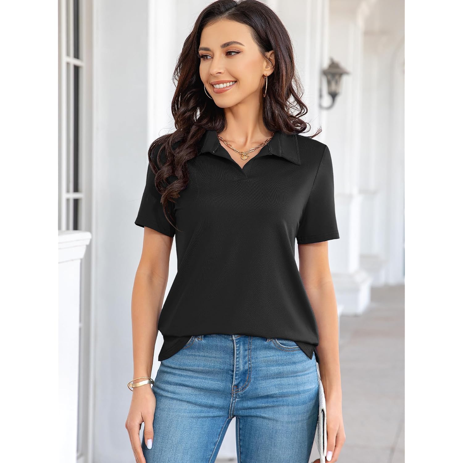 Polo Shirts For Women Business Casual Work Lapel Collared Tops V Neck Summer Golf Polos Tunic Blouse