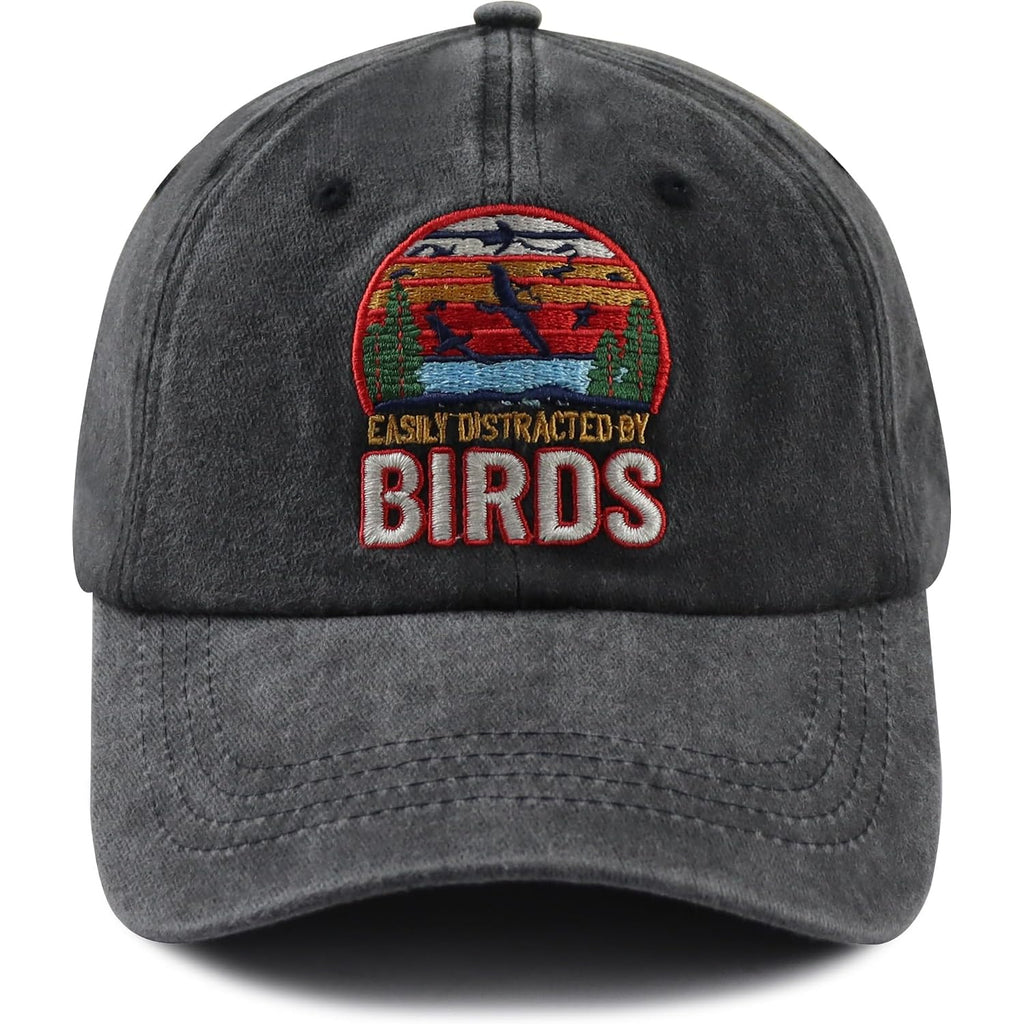 Easily Distracted By Birds Hats For Men Women, Adjustable Cotton Embroidered Birds Watchers Baseball Cap