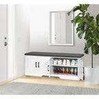 Homsho Farmhouse Shoe Storage Bench With 4 Barn Doors & Padded Seat Cushion | 47.2" Wide Entryway Bench With Adjustable Shelves & Hidden Storage, White