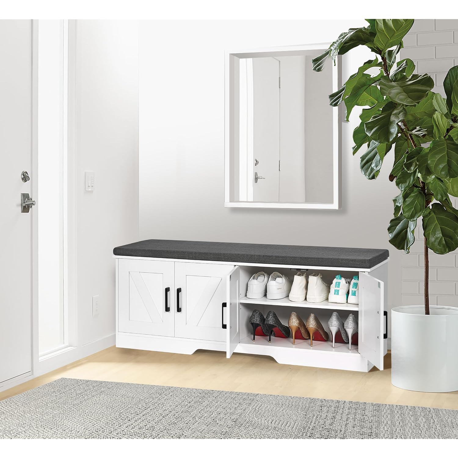 Homsho Farmhouse Shoe Storage Bench With 4 Barn Doors & Padded Seat Cushion | 47.2" Wide Entryway Bench With Adjustable Shelves & Hidden Storage, White