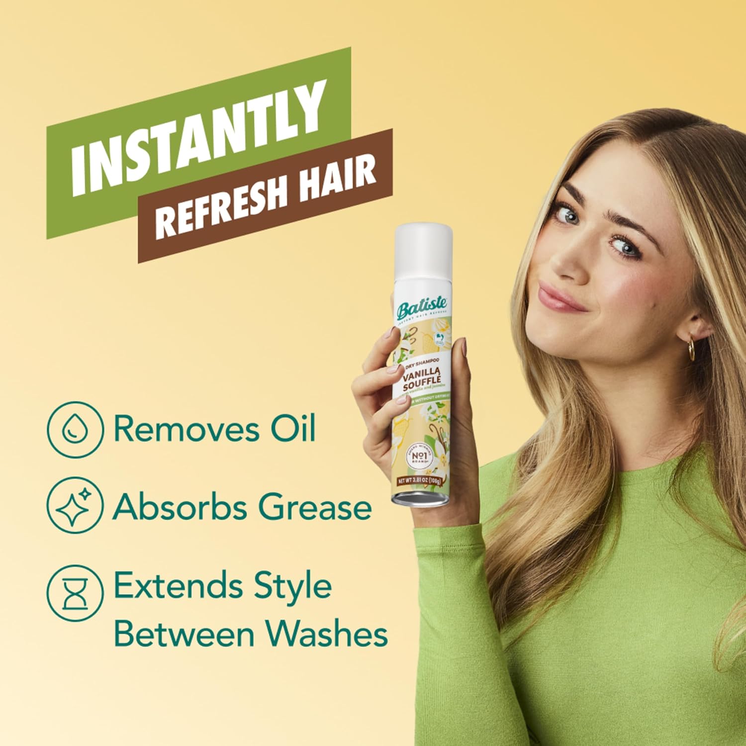 Batiste™ Dry Shampoo, Award Winning No. 1 Brand, Instantly Refresh Hair & Absorb Oil Between Washes, Vanilla Souffle, 3.81 oz