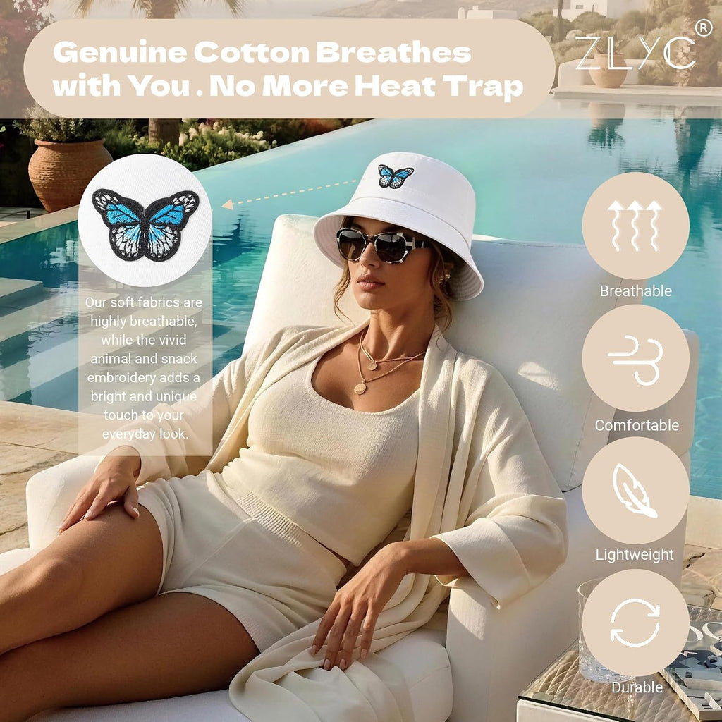 Zlyc Cotton Bucket Hats For Women Men Embroidered Packable Beach Hat Summer Travel Sun Cap For Daily Commute