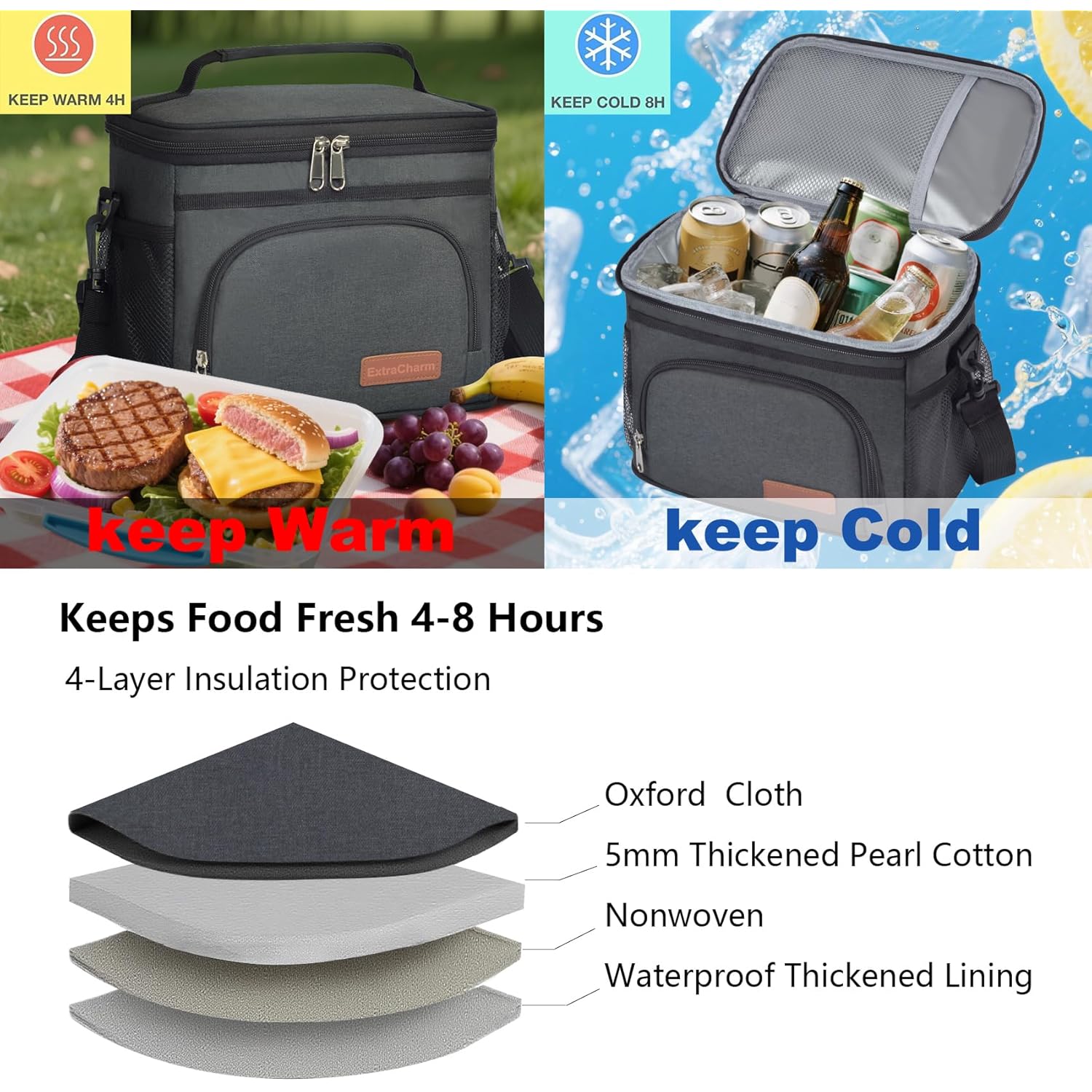 ExtraCharm Insulated Lunch Bag for Women/Men - Reusable Lunch Box for Office Picnic Hiking Beach - Leakproof Cooler Tote Bag Organizer with Adjustable Shoulder Strap for Adults - Black