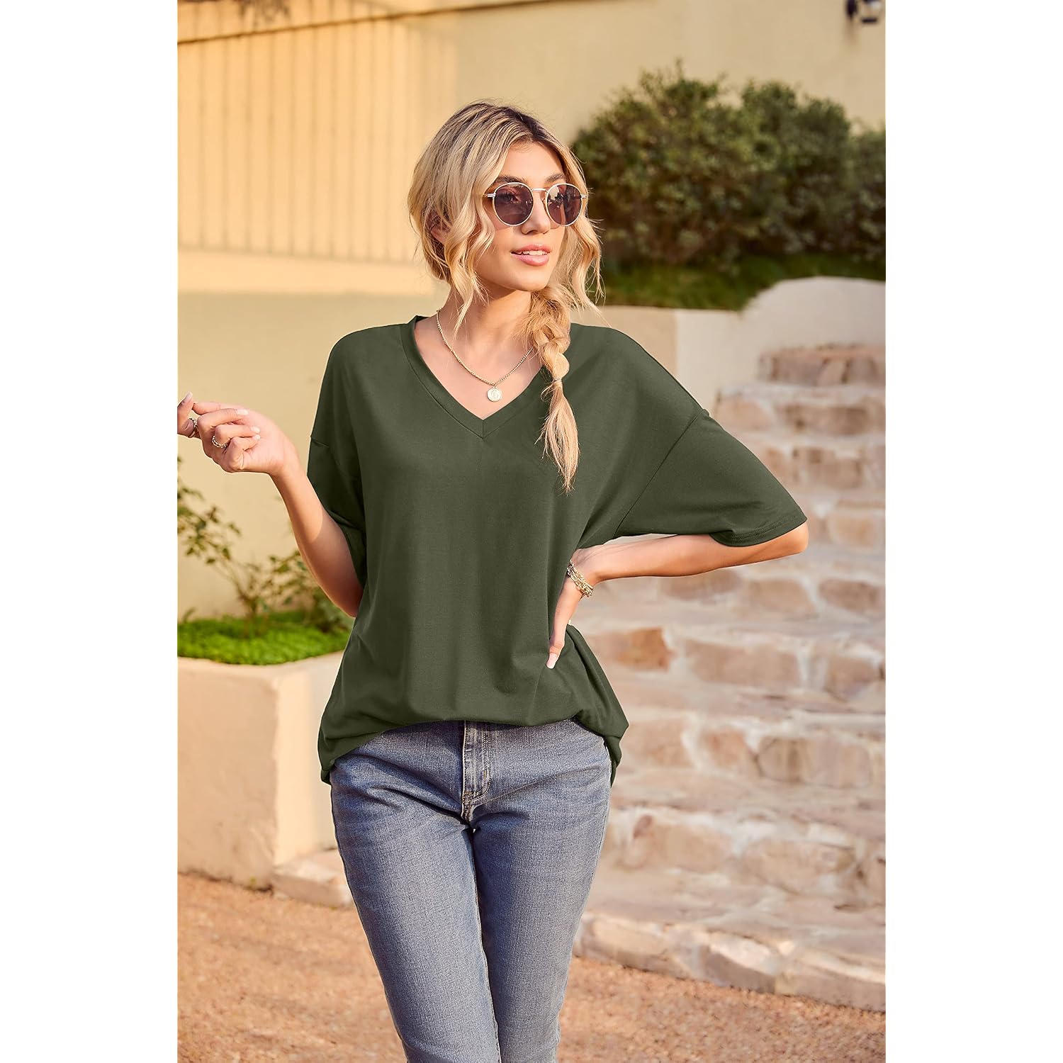 Womens Short Sleeve Tops Dolman V Neck T-Shirts Summer Casual Tunic Tops