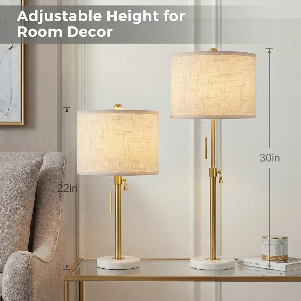 Gold Table Lamps Set Of 2, 22" To 30" Adjustable Nightstand Lamps For Bedroom, Dimmable End Table Lamps For Living Room Console Entry Farmhouse Home Decor, New House Warming Gifts