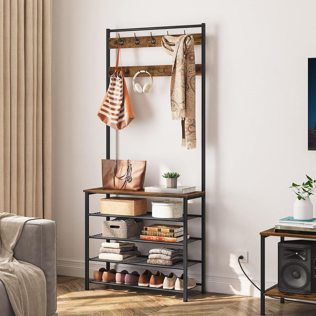 HOOBRO Hall Tree, Coat Rack with Shoe Rack, Hall Tree with Bench, 5 Tier Shoe Storage Organizer with 9 Hooks for Entryway, Closet, Sturdy, Industrial, Rustic Brown and Black BF80MT01G2