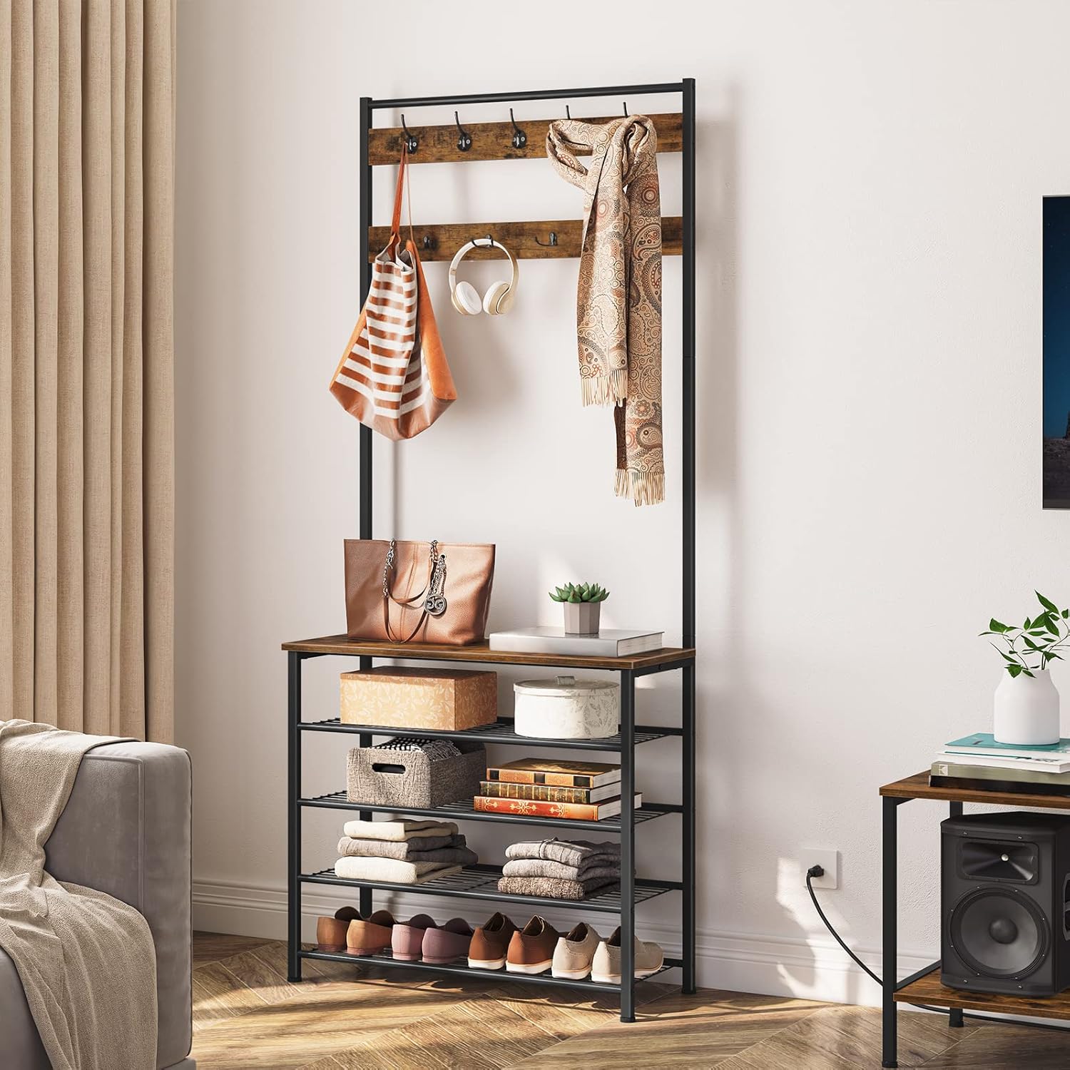 HOOBRO Hall Tree, Coat Rack with Shoe Rack, Hall Tree with Bench, 5 Tier Shoe Storage Organizer with 9 Hooks for Entryway, Closet, Sturdy, Industrial, Rustic Brown and Black BF80MT01G2