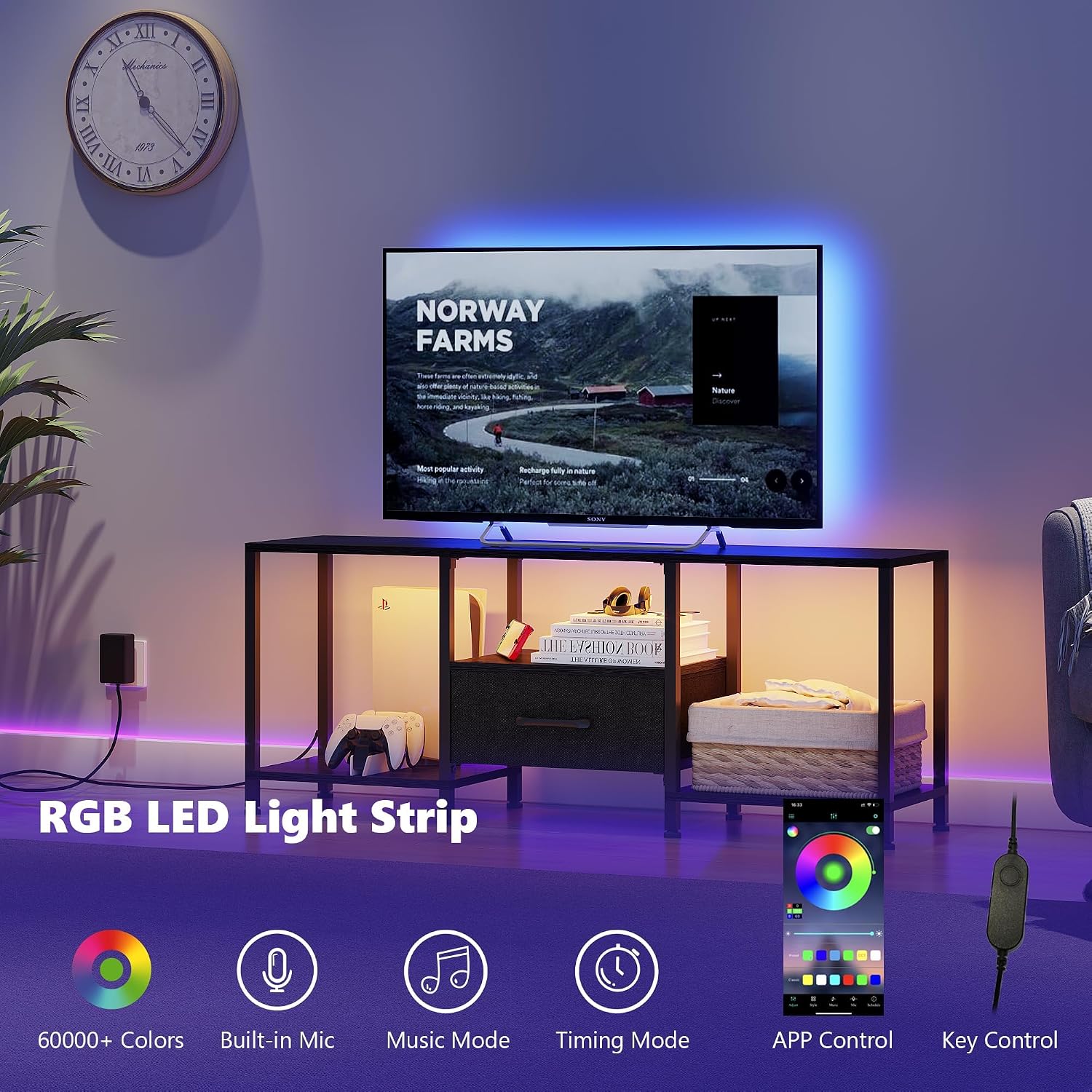 Tv Stand With Led Lights, Entertainment Center With Open Shelves And Fabric Drawer, Media Console For 55 Inch Tv, Television Stands For Living Room, Bedroom, Black
