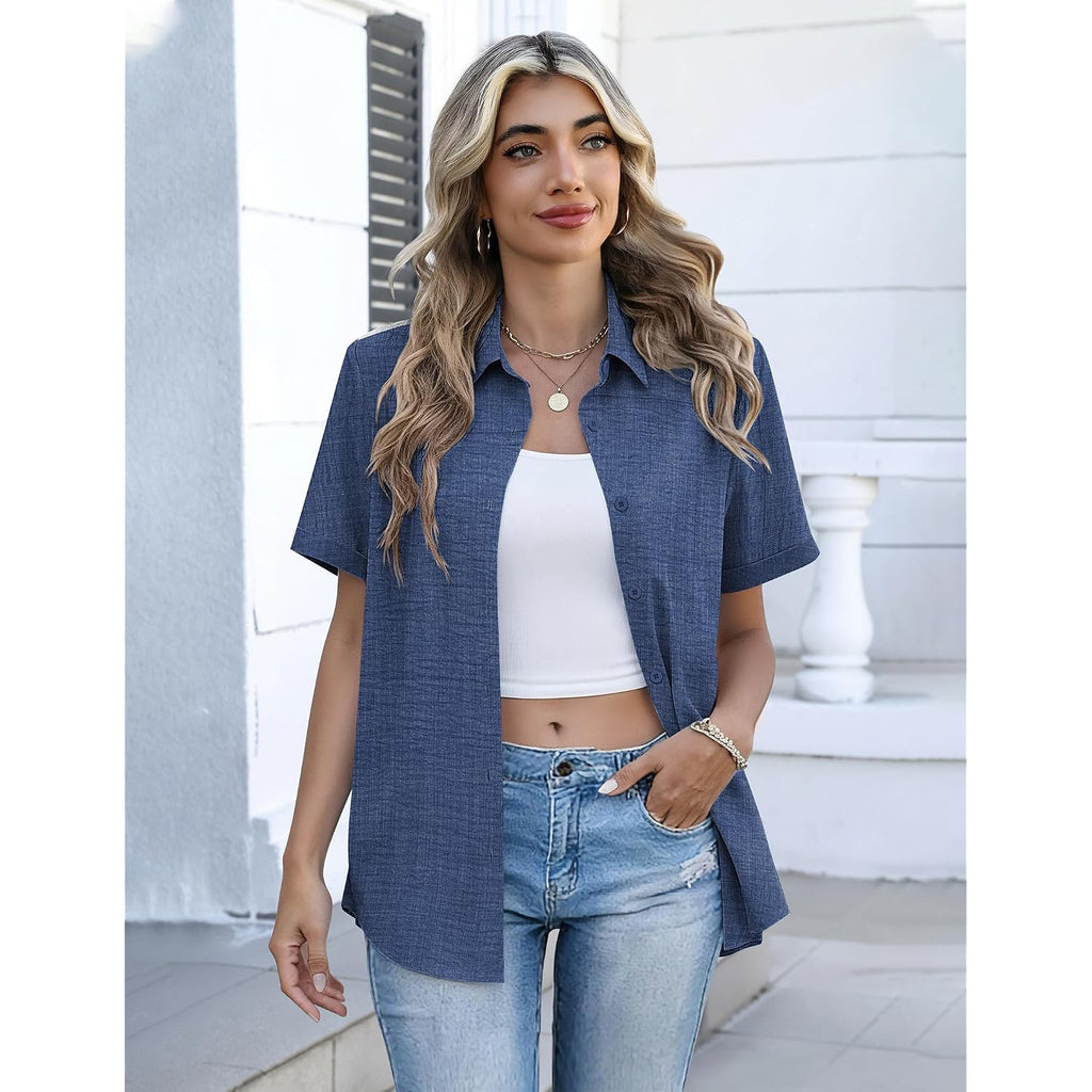 Zeagoo Button Down Shirts For Women Short Sleeve Collared Tops Dressy Casual V Neck Blouses