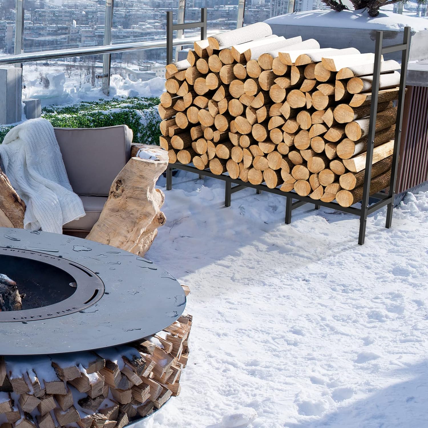 4Ft Firewood Rack Holder For Fireplace, Adjustable Log Stand For Storage | Indoor/Outdoor, 8 Legs, Black, Heavy Duty Log Stand, For Patio, Weather-Resistant Tubular Stee, Easy Assembly